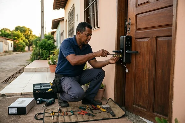 Fechadura digital sendo instalada em uma porta na cidade de Bacabal.