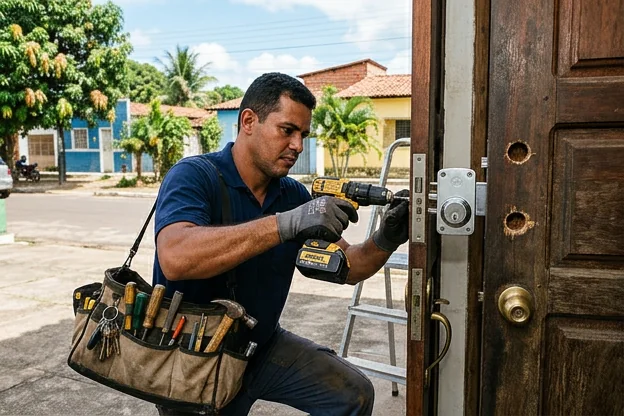 Fechaduras de segurança sendo instaladas em uma porta na cidade de Bacabal.